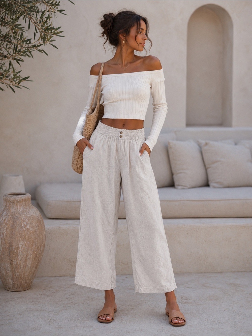Briggs Women's Flowy Cropped Wide Leg Pants Size Small | Linen Blend Look |